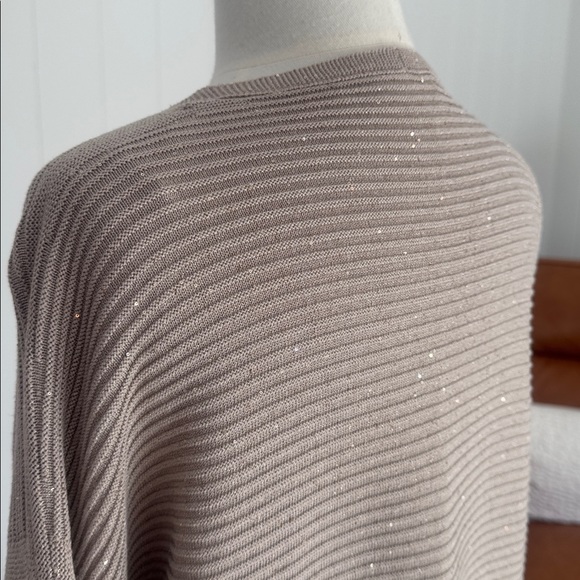 Lafayette 148 New York Silk V-Neck Tunic Sweater Tan Gold Sequin Knit L/XL - Picture 4 of 7